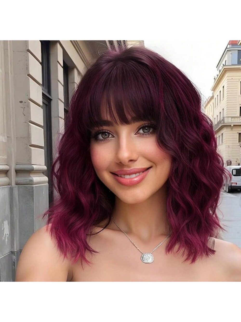 Women's Black Mixed Brown Short Shoulder Curly with Bangs 16 Inch Synthetic Wig